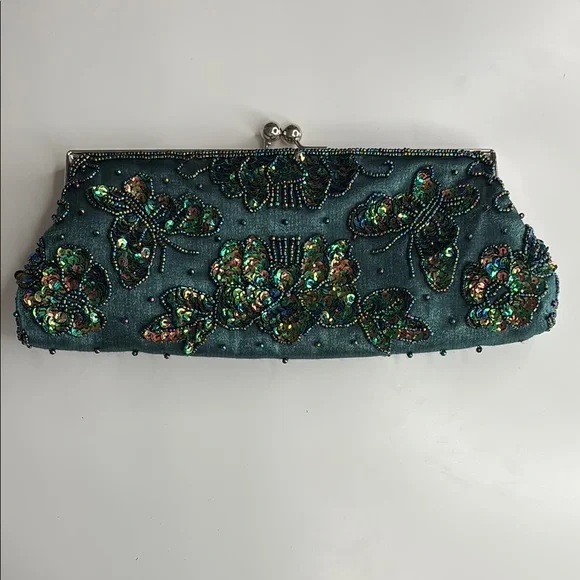 Bisou Bisou by Michele Bohbot Beaded Turquoise Clutch with sequin butterfly - Picture 6 of 8